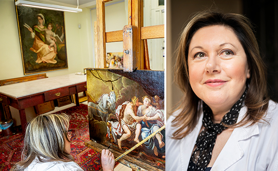 Anna Bronzoni Catellani sitter framför ett konstverk och studerar det samt en porträttbild på henne